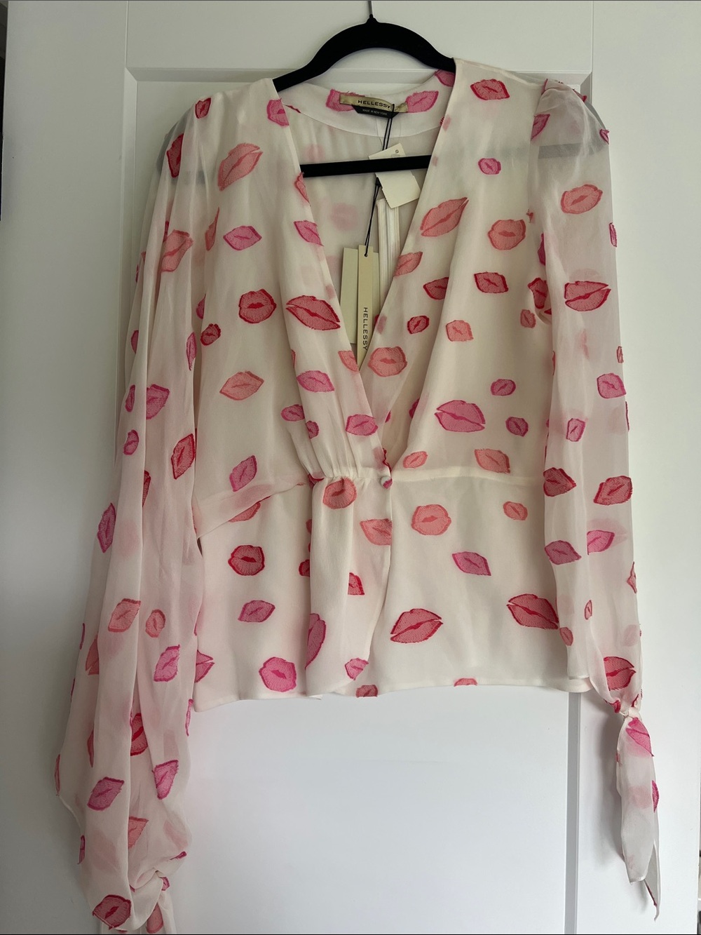 Cream Blouse with Pink & Red Lip Print